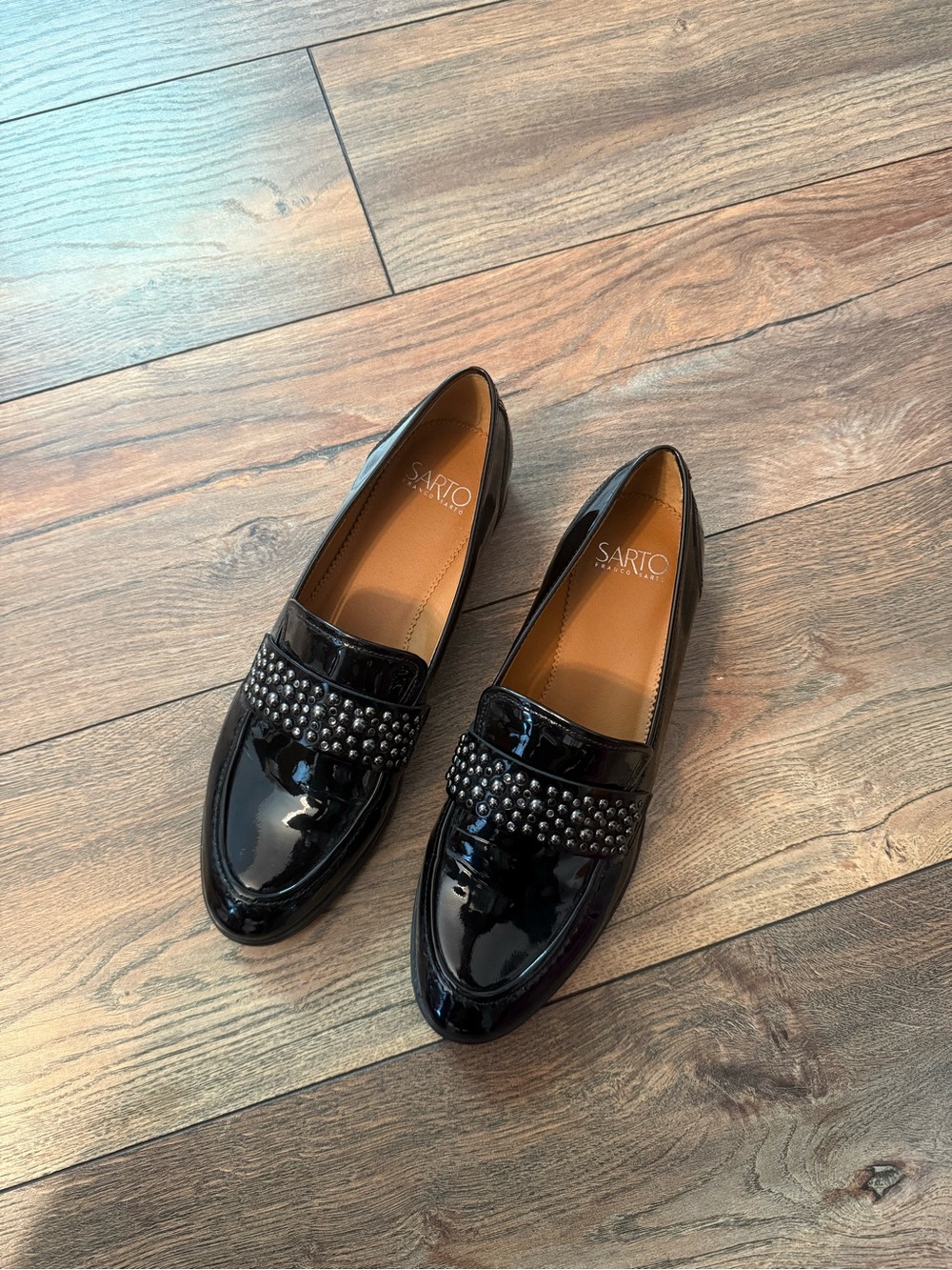 Franco Sarto Black Patent Studded Loafers